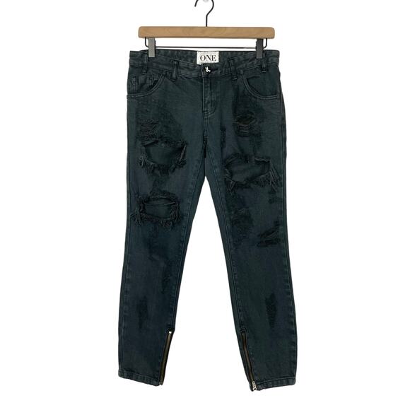 One Teaspoon | NWT Trashed FreeBirds Low Waist Black Distressed Zipper Jeans - Picture 5 of 14